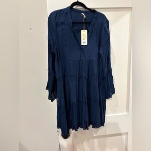 Ella Navy Crinkle Tiered Long-Sleeve Dress